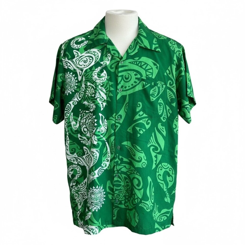 King Kameha Vintage Hawaiian Shirt Green Tribal Shark Tiki Size Large